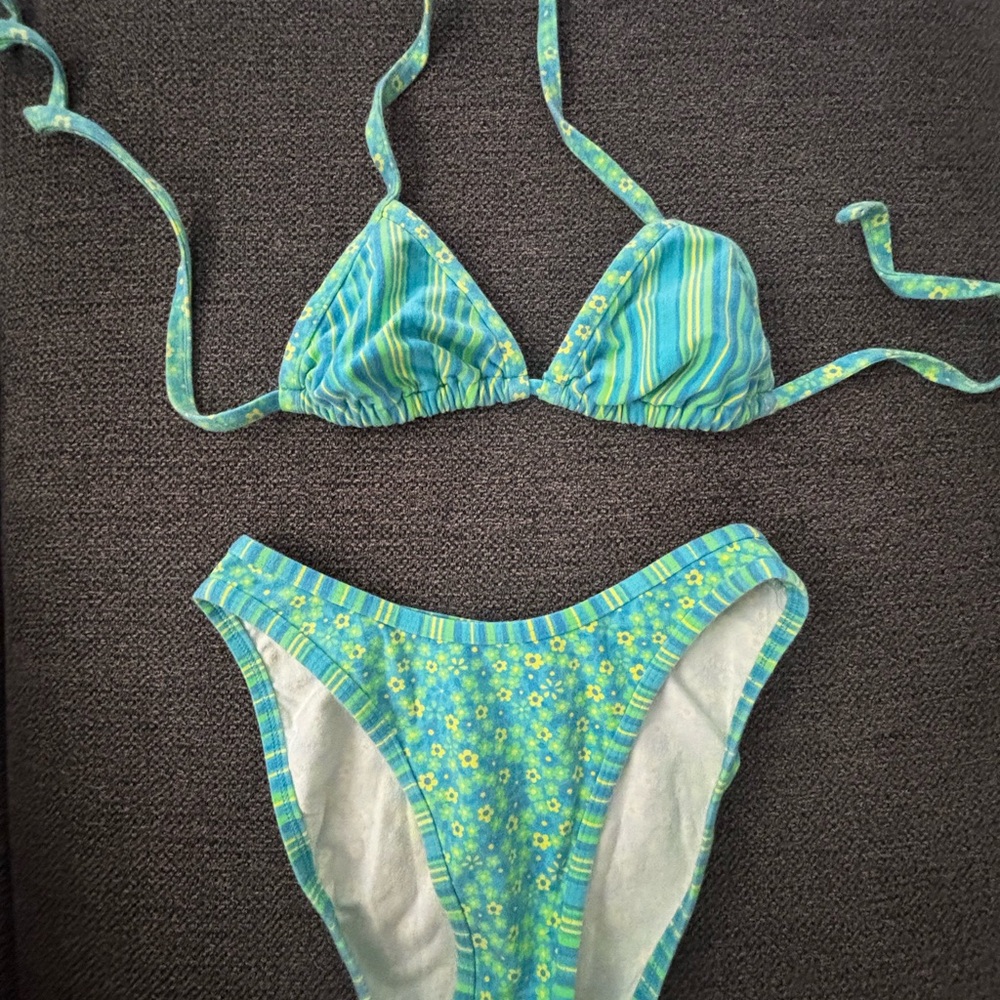 CHA CHA CHA by sassafras Striped & Floral Blue-Green Triangle Bikini Set
